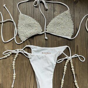 Meshki White Pearl Bride Bachelorette Small - Medium Tie Bikini Swimwear - New